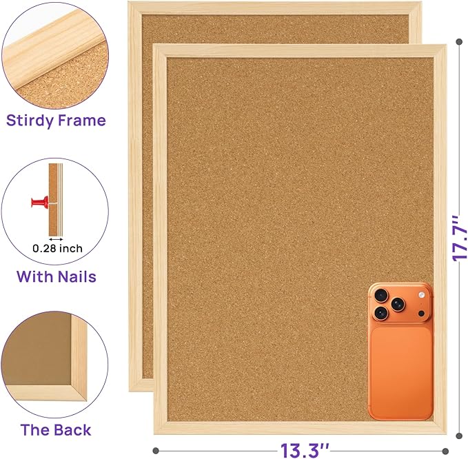 JEFURE 2 Pcs Cork Board, 17.7''x13.3'' Bulletin Board, Wooden Framed Corkboards for Wall, Small Cork Board, Vision Board Supplies, Prayer Board, Picture Board for Photos, Office, Home Decor, School