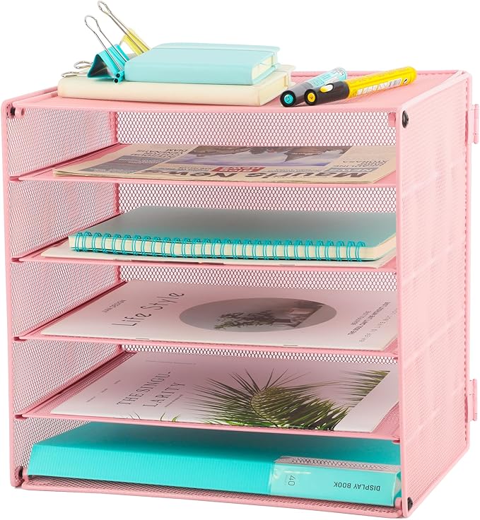 EASEPRES 5 Slot Mesh Desk Organizer Tray, File Paper Letter Folder Holder Desktop Paper Sorter Mail Organization Rack Storage Accessories, for Office Home School Classroom, Pink