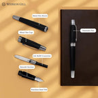 Webson Gill Show Up' Black Luxury Executive Fountain Pen, Woven Lacquer & Chrome, Medium Nib, Smudge Free, No Bleed, Use Any Fountain Ink with Included Converter, Fits Cartridges (sold separately)