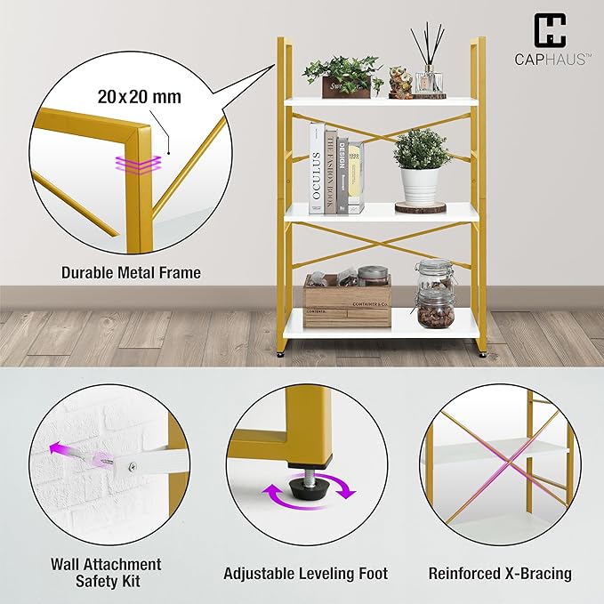 CAPHAUS 2 Tier Small Bookshelf, 24 Inch Width Free Standing Shelf, Bookcase Shelf Storage Organizer, Industrial Book Shelves for Home Office, Living Room, White Wooden Shelves & Gold Frame