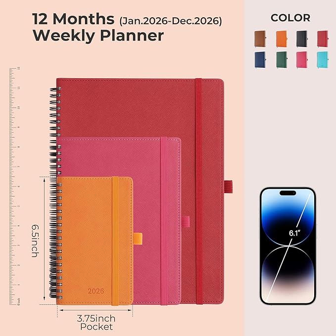 IN-LUXPRO Planner 2026 Daily Weekly and Monthly,6.5"x3.75",12 Months Spiral Bound Calendar Agenda with Self-adhesive Pen Holder,2026 Appointment Book with Vegan Leather Soft Cover,Rose Red