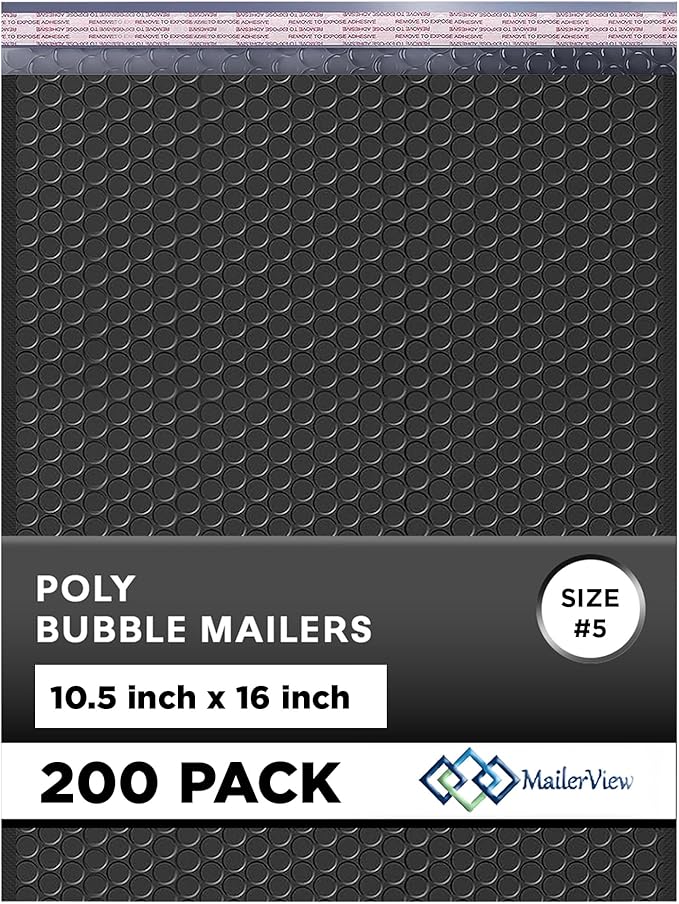 Black 10.5x16 Inch Large Poly Bubble Mailers #5 | Padded Envelopes with Self Seal | Air Lined Cushioned Bubble Mailer | Usable Size 10.5x15 | 200 Pack Bulk | Lightweight shipping Bags
