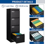 Fesbos File Cabinet - 4 Drawers Vertical 17.8" Deep Lockable Filing Cabinet Black Metal Storage Cabinets for Home Office to Hanging Files Letter/Legal/F4/A4 Size