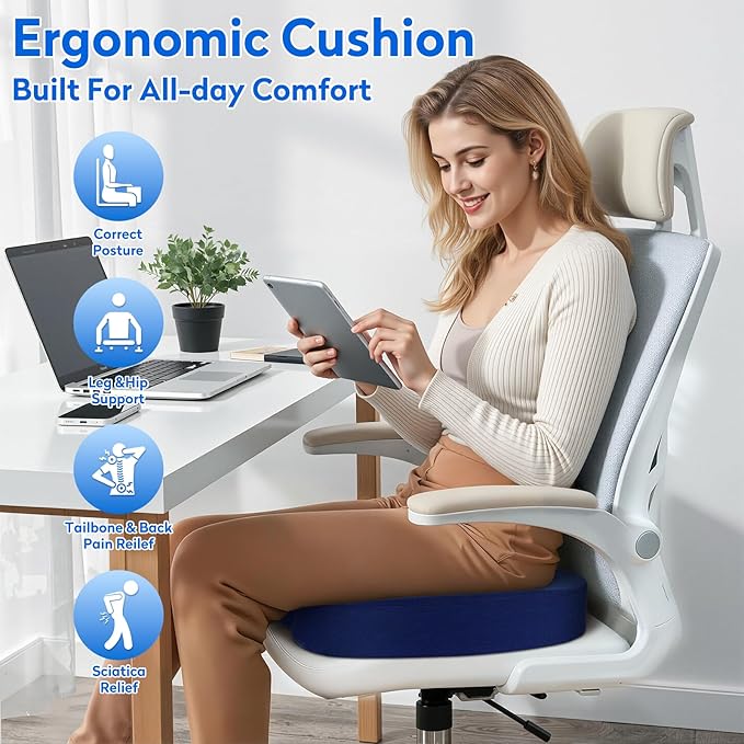 XXL Seat Cushion Office Car Seat Cushion, Memory Foam Cushion for Office Chair, Car Seat, Airplane, Bleacher Non-Slip Chair Pad, Butt Pillow for Desk, Wheelchair, Car (Blue)