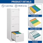 Fesbos File Cabinets - 4 Drawers Vertical 17.8" Deep Lockable Filing Cabinet - White Metal Storage Cabinets for Home Office to Hanging Files Letter/Legal/F4/A4 Size