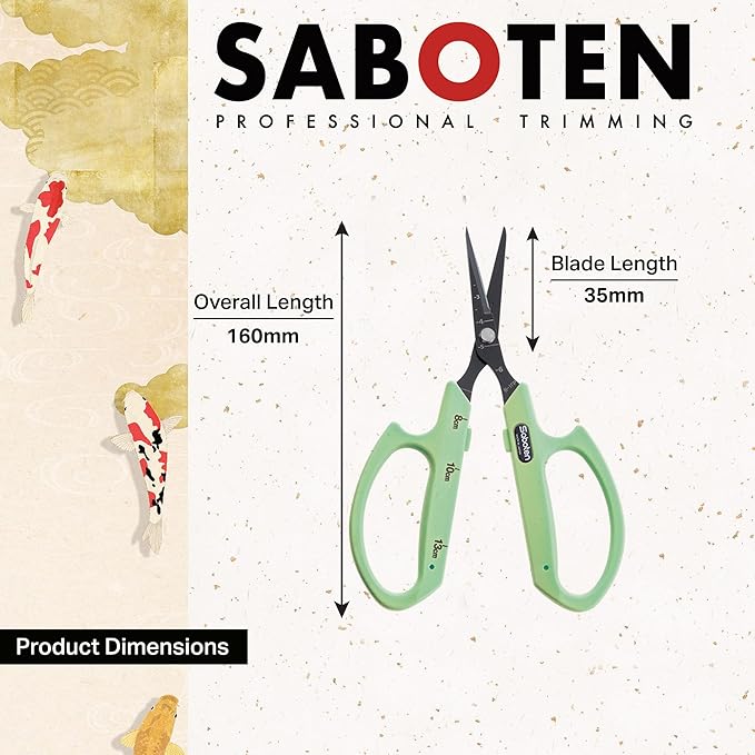Saboten Fluorine Coated Straight Blade Trimming Scissors Green PT-1 160mm Precision Gardening Bonsai and Floral Shears Made in Japan