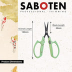 Saboten Fluorine Coated Straight Blade Trimming Scissors Green PT-1 160mm Precision Gardening Bonsai and Floral Shears Made in Japan