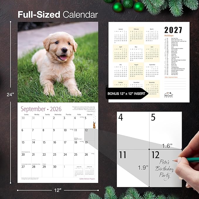 MICASA PRESS Golden Retriever Puppies 2026 Wall Calendar 12 Month | 12" x 24" Open | Thick & Sturdy Paper | Holiday Gift | Cute Puppy Dog Calendar 2026