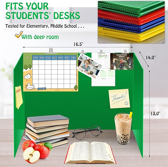 8 Pack Colorful Privacy Floders for Student Desks - Durable Plastic Erasable - Testing Dividers for Classroom - Easy Clean Privacy Shields for Student Testing Desk dividers- Includes Extra Labels