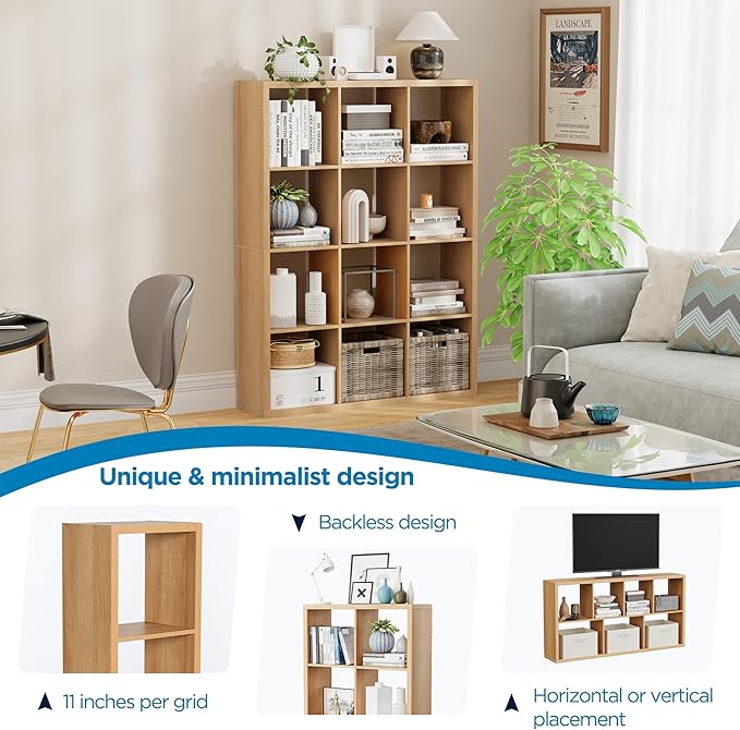 Jpiziso 12-Cube Storage Organizer, Wooden Cube Shelf Bookcase with Reinforced Thick Shelves, Heavy-Duty 36.93" L x 9.37" W x 48.82" H, for Living Room Bedroom Home Office, Natural-Oak