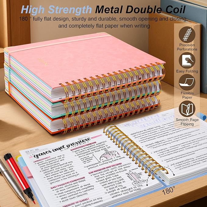 Hardcover Spiral Notebook 8"x10" Journal Notebook with Tabs and Removable Dividers 300 Pages 5 Subject Notebook College Ruled, Faux Leather Spiral Bound Notebook for Women School Work (Lake Blue)