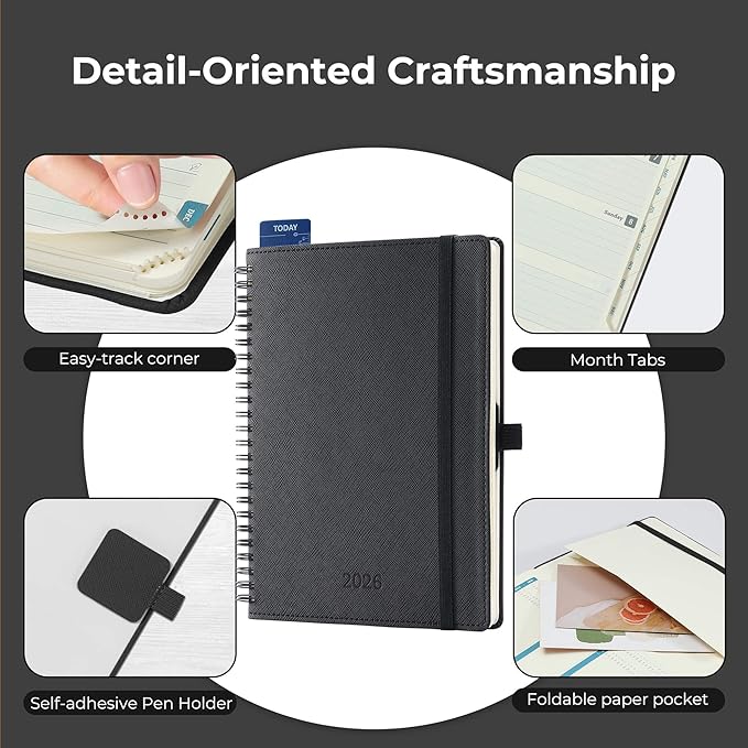 IN-LUXPRO Planner 2026 Daily Weekly and Monthly,8.5"x6.5",12 Months Spiral Bound Calendar Agenda with Self-adhesive Pen Holder,2026 Appointment Book with Vegan Leather Soft Cover,Black