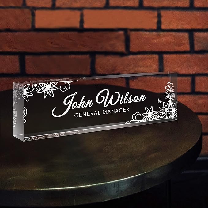 SalaGraphics Custom Engraved Acrylic Name Plates for Desks, Office Desk Plate Personalized, Decor Nameplate, Nurse Manager Employee Teacher Appreciation Gifts, Accessories (Flowers E)
