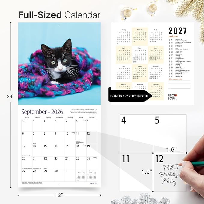 RED EMBER Tuxedo Cats 2026 Wall Calendar 12 Month | 12" x 24" Open | Thick & Sturdy Paper | Holiday Gift | Cute Kitten Cat Calendar 2026