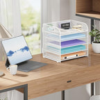 Cawukege 5 Tier Paper Organizer with Handle, Metal Mesh Desk Organizer File Folder Paper Letter Tray Desktop Document Sorter for Classroom, School, Office Accessories Organization and Storage - White