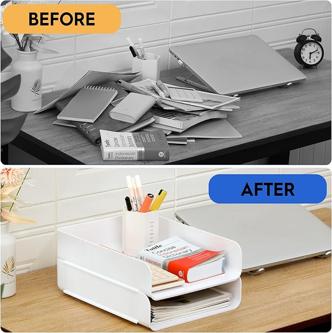 CiWiVOKi Desk Letter Tray Set of 2, Office Organization and Storage, PET Stackable Document Organizer for Notes, Pens, File Paper, White