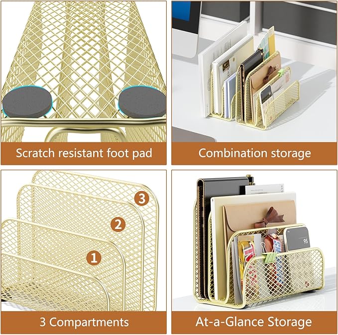 gianotter Mail Organizer Countertop, Metal File Holder with 3-Slot, Gold Desk Accessories for Office (Gold)