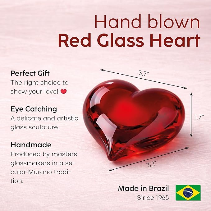 Ca D Oro Medium Red Heart Glass Paperweight Hand Blown Murano-Style Art Glass