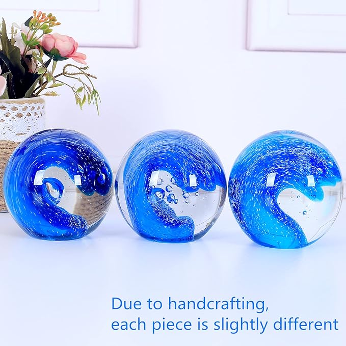 EUSTUMA Hand Blown Glass Figurines Ball Ocean Waves,Paperweight Glass Ball,Home Decor Collectible,Aquarium Decor,Office Decor Ocean Lovers