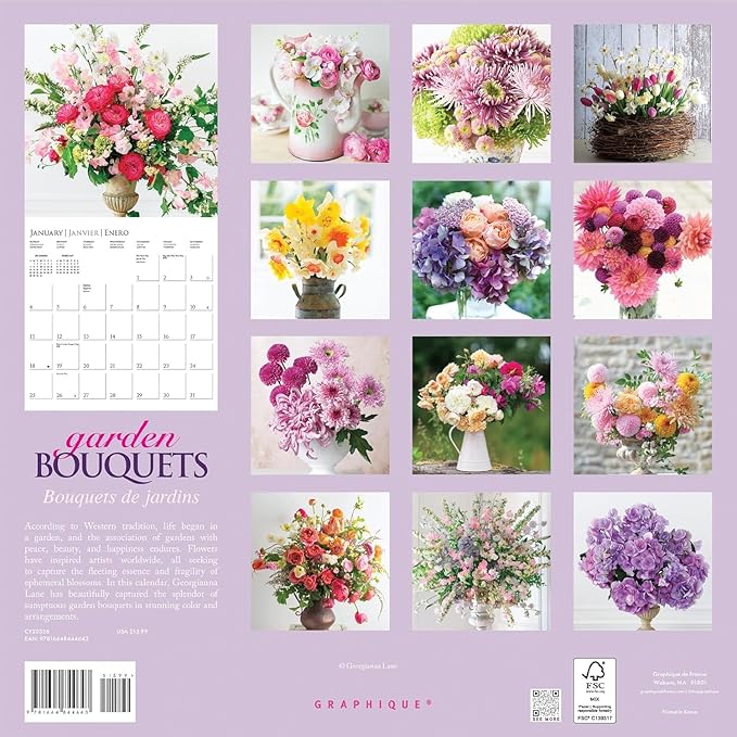 Graphique 2026 Garden Bouquets Wall Calendar | 12” x 12” | Thick Paper | Home & Office Organizer | Large Monthly Grid | 3 Languages & Marked Holidays | 4 Month Preview Page for 2027