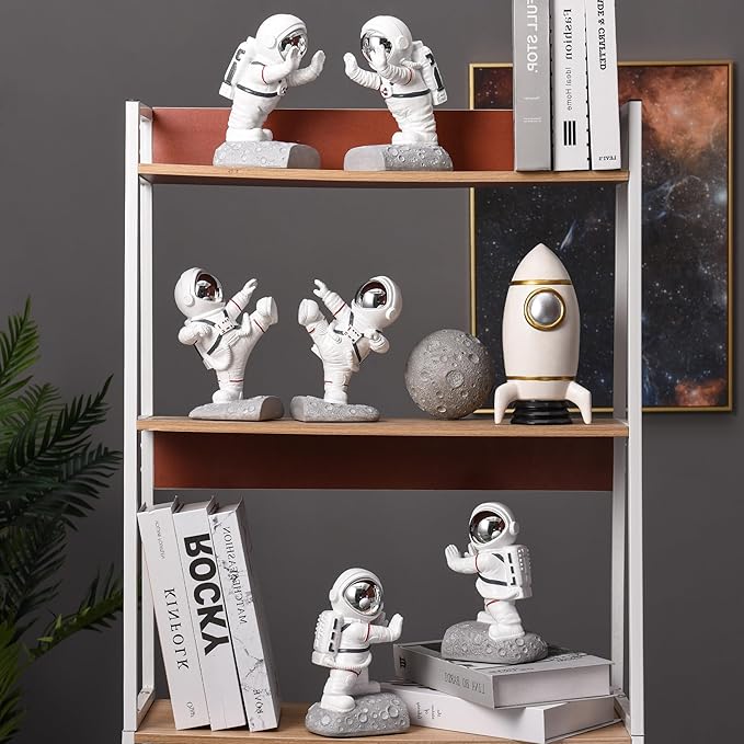 Kakizzy Space Theme Bookends - Astronaut Kids Book Stoppers, Heavy Duty Resin Bookends for Shelves (D-Silver Color)