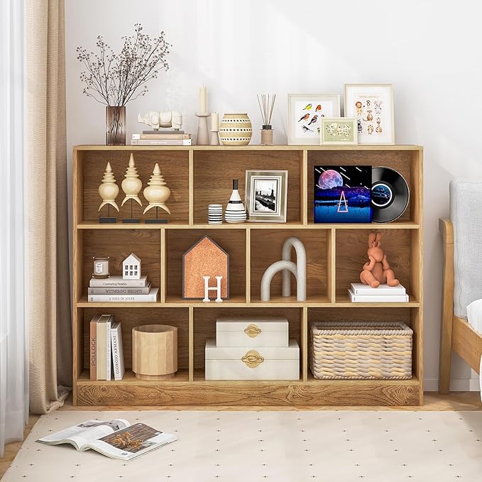 Tangkula 10-Cube Bookshelf, 55”L Floor Bookcase with 2 Anti-Tipping Kits, Freestanding Storage Organizer, 4-Tier Display Shelf for Home, Office & Dorms, Natural/White (Natural, 10-Cube-Large)