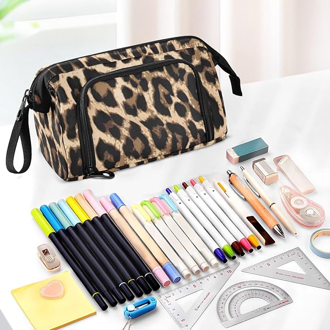 Bolaz Big Capacity Pencil Pen Case Pouch Bag School College Office Organizer for Teens Girls Adults Student-Brow-black Leopard Print