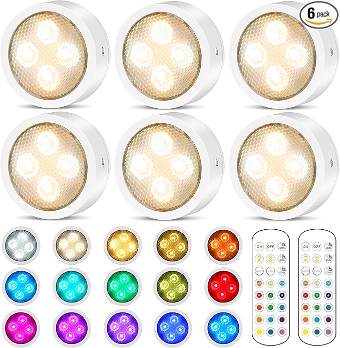 TECOMLIGHT Puck Lights with Remote Control, Battery Powered Wireless LED Under Cabinet Lighting, RGBCW Stick On Push Lights 6 Pack - White