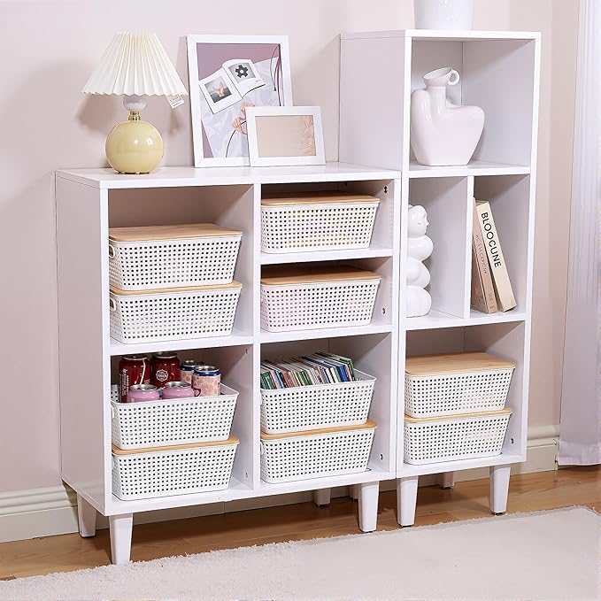 Anywish Storage Bins with Lids 10 Packs, Plastic Storage Bins with Bamboo Lids for Pantry Organization and Storage Containers for Shelves Drawers Desktop Closet Playroom Classroom Office Home, White