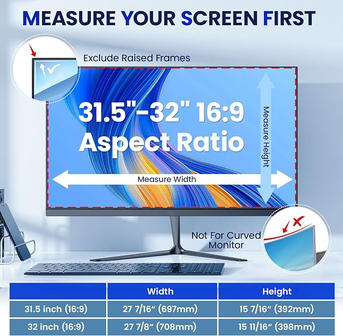 Magnetic 32 Inch Privacy Screen for Frameless Computer Monitor 16:9 Aspect Ratio,Hanging Blue Light Screen Protector Eye Protection Anti-Spy Shield, 32in Removable Privacy Filter