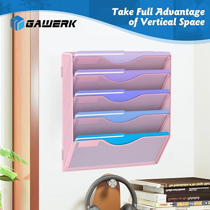Gawerk 5 Tier Hanging Wall File Organizer, Mesh Mail Paper Orgnization Hanging File Folder Holder for Home Office, Pink
