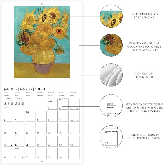 Graphique 2026 Van Gogh Mini Wall Calendar | 7” x 7” | Thick Paper | Home & Office Organizer | Large Monthly Grid | 3 Languages & Marked Holidays | 4 Month Preview Page for 2027