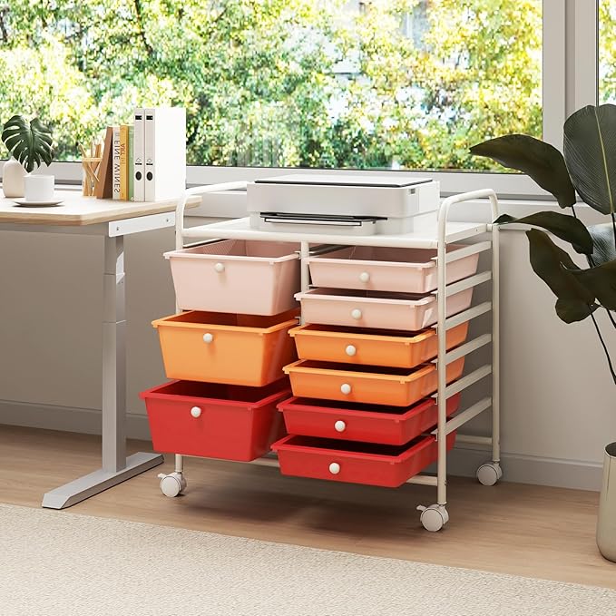 LDAILY 9 Drawer Rolling Storage Cart, Rolling Cart with Drawers for Classroom, Art Supply Craft Organizer on Wheel with Metal Frame & Handles for Home Office School