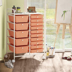 DORTALA 15-Drawer Rolling Storage Cart with Drawers, Rolling Utility Cart w/Removable Drawers & Universal Wheels, Tools Scrapbook Paper Organizer for School, Office, Home, Classroom (Light Pink)