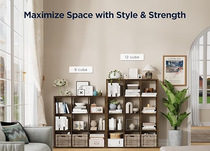 Jpiziso 12-Cube Storage Organizer, Wooden Cube Shelf Bookcase with Reinforced Thick Shelves, Heavy-Duty 36.93" L x 9.37" W x 48.82" H, for Living Room Bedroom Home Office, Brown
