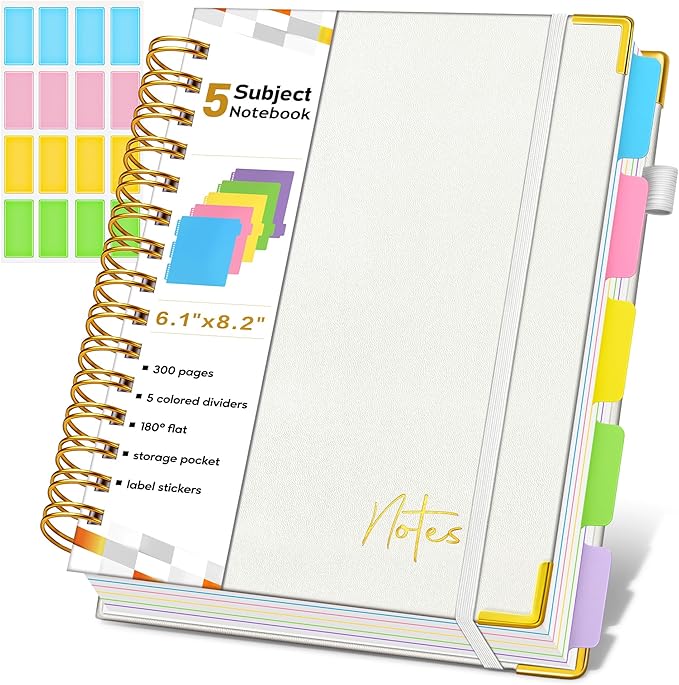 Spiral Notebook Journal with Removable Dividers Tabs, 300 Pages Hardcover Leather 5 Subject College Ruled Notebook, 6.1"x8.2" Large A5 Lined Journal for Women Men Spiral Notebook for Work School,Beige