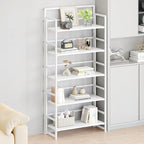 THKKY No Assembly Folding Bookshelf, 5 Tiers Collapsible Book Shelf for Home Office, Vintage Wood Foldable Bookcase Storage Organizer for Living Room Bedroom (White)
