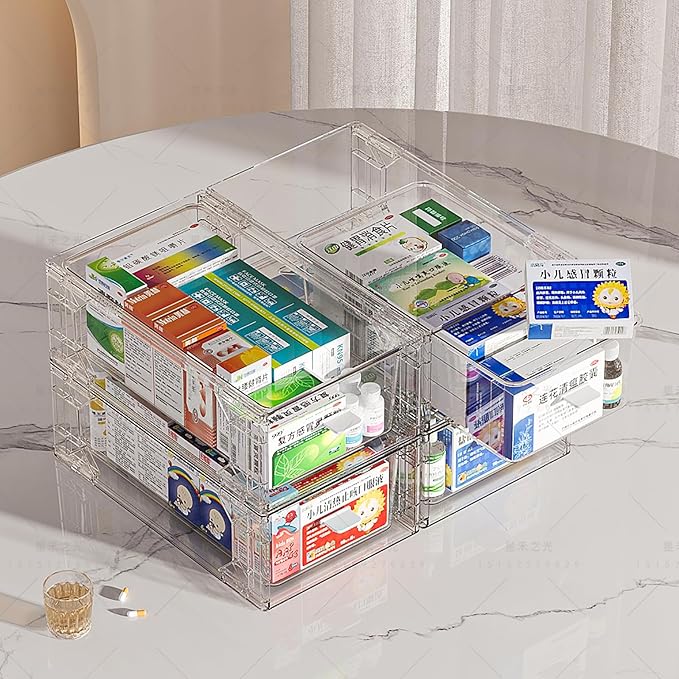 Sgoostood 6 Pack Stackable Organizer Drawers, Clear Desk Storage Box,Transparent Drawer in Home, Office and Kitchen Pull Out Organizer Bins for Make Up, Pen, Desktop Stationary (6 Pack)