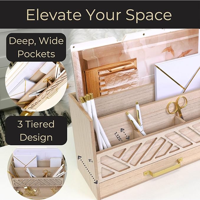 BLU MONACO | Wooden Mail Organizer with Drawer and Gold Handle | Outgoing Mail Holder and Letter Sorter for Desk | Natural Wood Desktop Paper Organizer