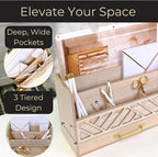 BLU MONACO | Wooden Mail Organizer with Drawer and Gold Handle | Outgoing Mail Holder and Letter Sorter for Desk | Natural Wood Desktop Paper Organizer