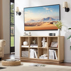 Joaxswe 8 Cube Storage Book Shelf, 52" Long Horizontal Bookshelf with Curved Edge, Floor Standing Wooden Cubby Bookcase with Base, Modern Low Console Book Case, TV Stand for Living Room, Natural Oak