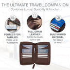 Full Grain Leather Family Passport Holder for 4 Passports - RFID Passport Holder and Travel Document Organizer - Large Leather Travel Wallet for Families - Brown