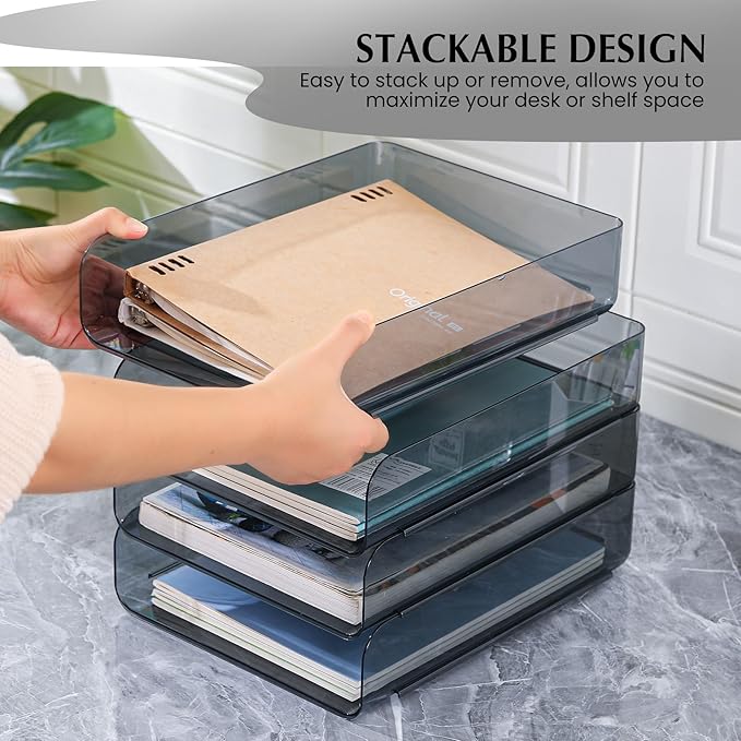 CiWiVOKi 2 Pack Stackable Paper Tray Organizer, Clear File Organizer for Desk, Office Organizer and Storage for Desk Accessories, Notes, Books, File Paper, Document, Black