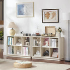 Joaxswe 6 Cube Bookcase, 40" Wide Low Horizontal Book Shelf Curved Edge, Wood Floor Standing 2-Tier Bookshelf with Base, Modern Short Storage Cabinet Book Case for Bedroom,Office, Grey-White Cream Oak