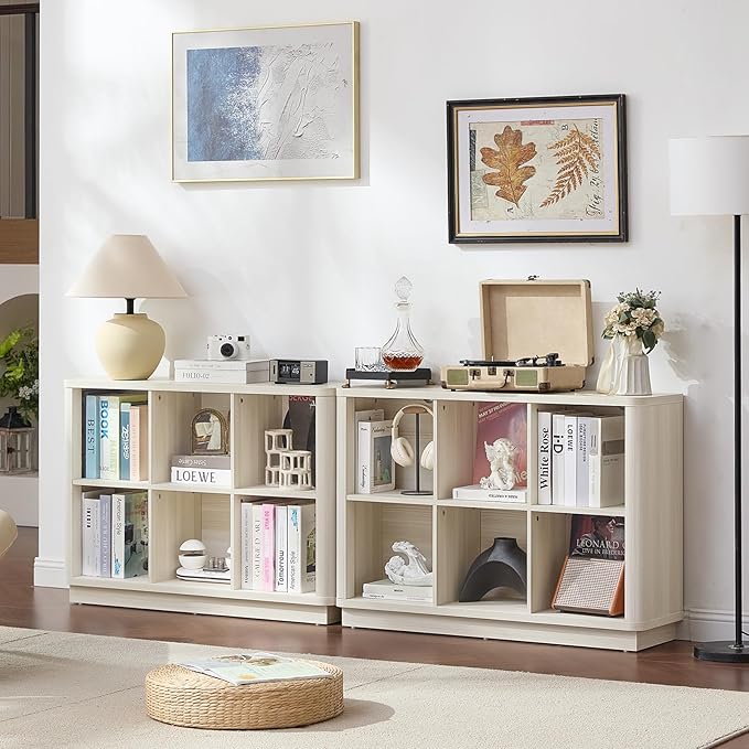Joaxswe 6 Cube Bookcase, 40" Wide Low Horizontal Book Shelf Curved Edge, Wood Floor Standing 2-Tier Bookshelf with Base, Modern Short Storage Cabinet Book Case for Bedroom,Office, Grey-White Cream Oak