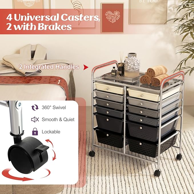 LDAILY 12 Drawer Rolling Storage Cart, Craft Cart Organizer on Wheels w/Metal Frame, Large Capacity & Smooth Drawer, Rolling Cart w/Drawers for Classroom, Office