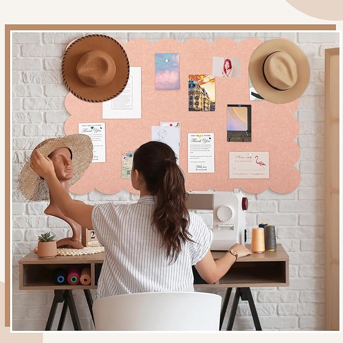 Mooliwe Scalloped Felt Bulletin Board 36 x 24 Inches Foldable Light Pink Pin Cork Board Alternative for Wall, 3' x 2' Trifold Picture Vision Self Adhesive Bulletin Decorative