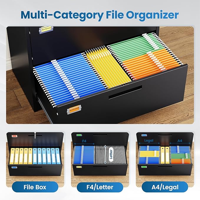 PEUKC 3 Drawer File Cabinet, Lateral Filing Cabinets for Home Office, Office Storage Drawers with Lock, Hanging Files Legal/Letter A4 Size (Assemble Required,Black)
