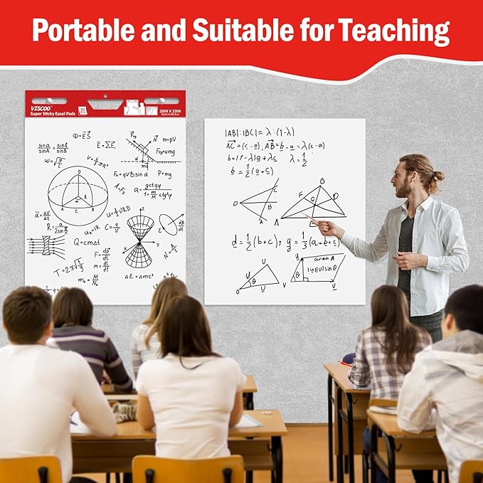 VISCOO Thickened Sticky Easel Pad, 20 x 23 Inches Large Chart Paper for Teachers, Self Stick Easel Paper for White Board, White Anchor Chart Paper, with Sticky Note, 300 Sheets/10 Pads