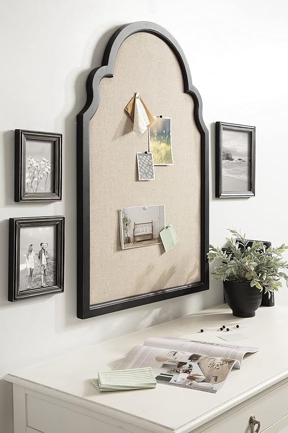Kate and Laurel Hogan Farmhouse Framed Arch Fabric Pinboard, 24 x 36, Black, Decorative Bulletin Board with Moroccan Arch and Linen Fabric Pinning Surface for Wall